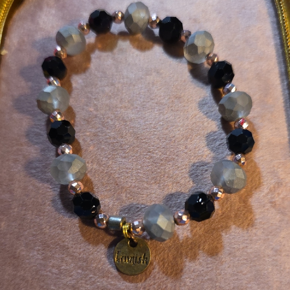 Vintage Erimish Black and Gray Faceted Beaded Bracelet with Gold Charm